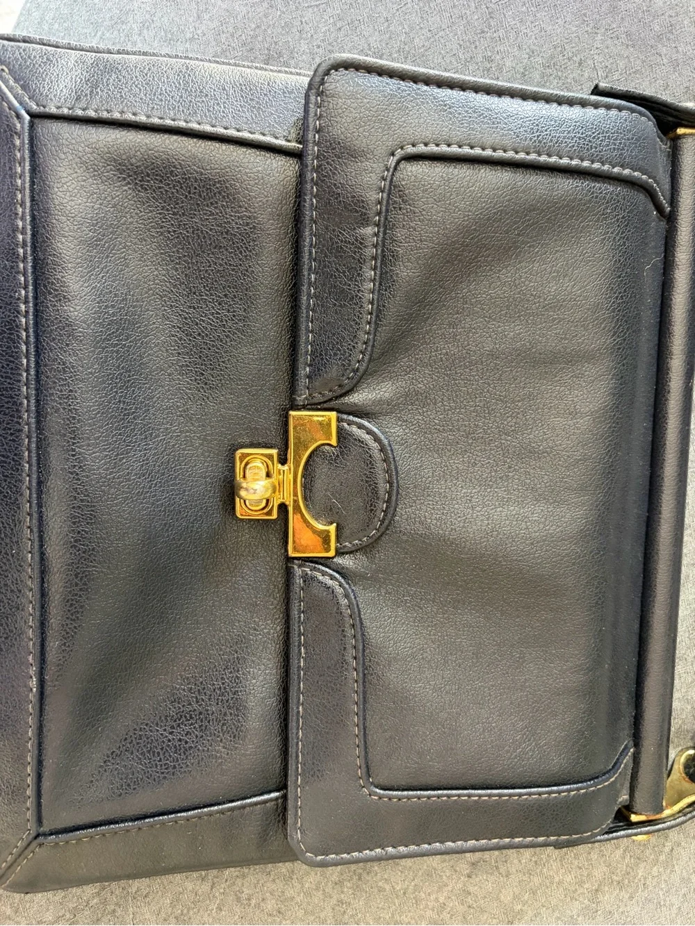 Vintage Dark Blue Leather Shoulder Bag with Gold Hardware